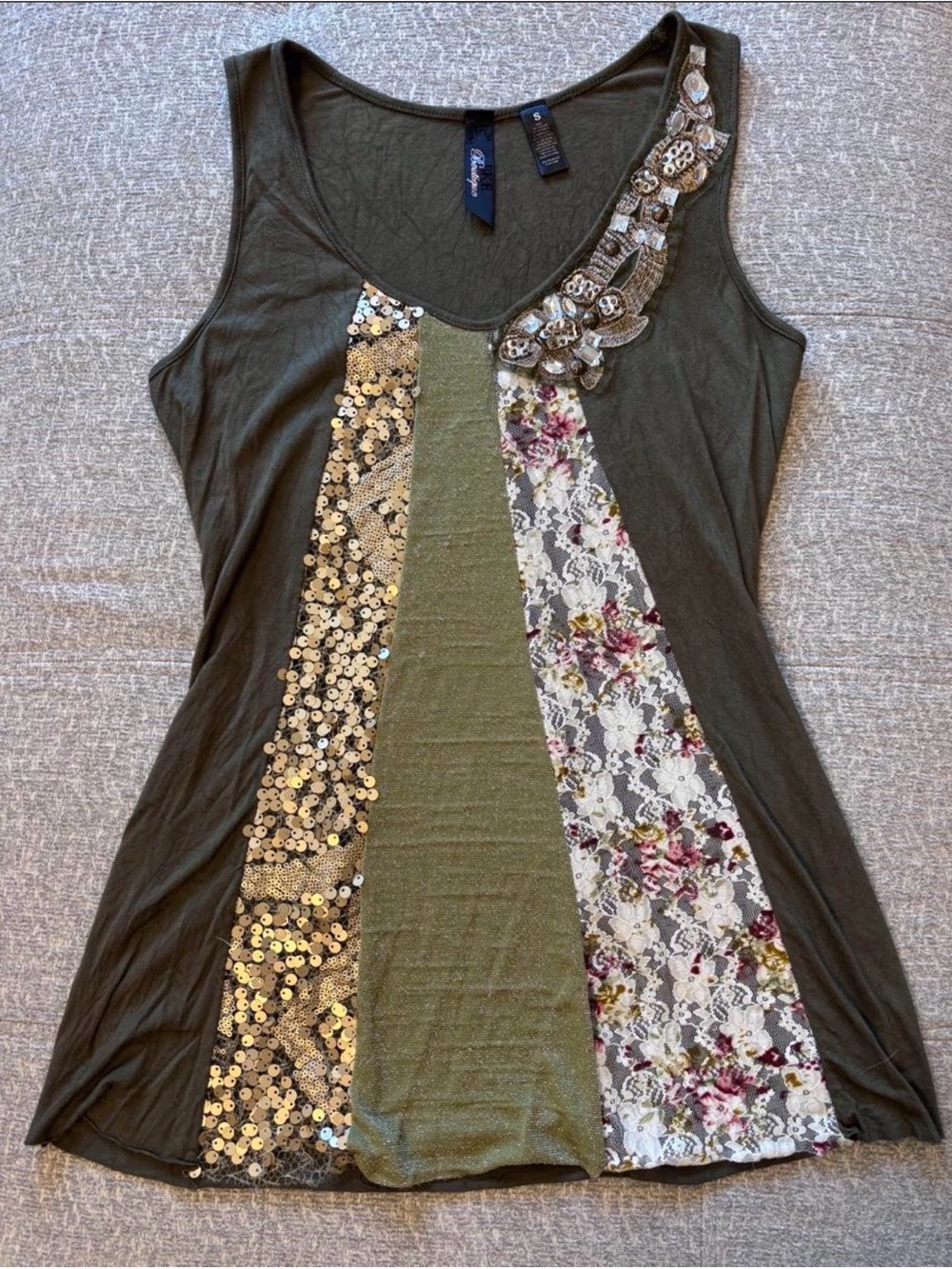 BKE Olive Green Mixed-Panel Embellished Tank Top